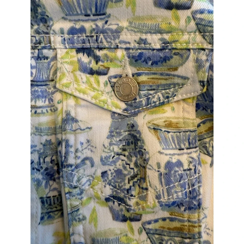 Talbots Printed Jean Jacket XS Blue Green Watercolor Vases Button Front Parisian
